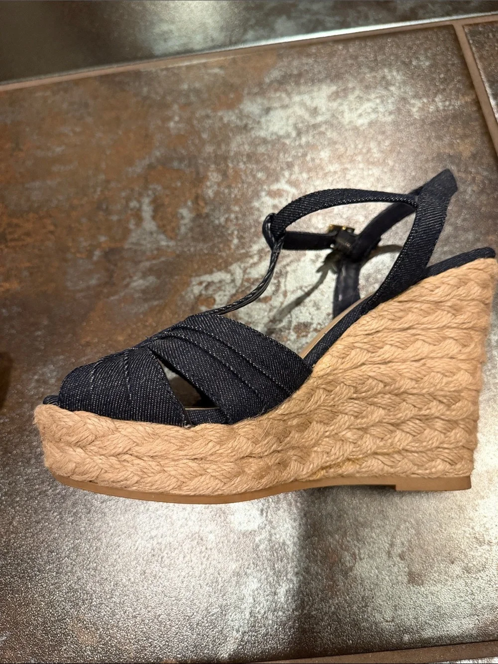 American Eagle Outfitters Navy Blue Woven T-Strap Wedge Sandals